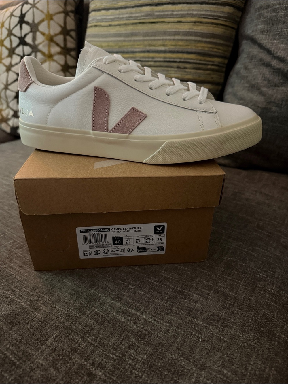Veja White Leather Sneakers with Dusty Pink V Accent